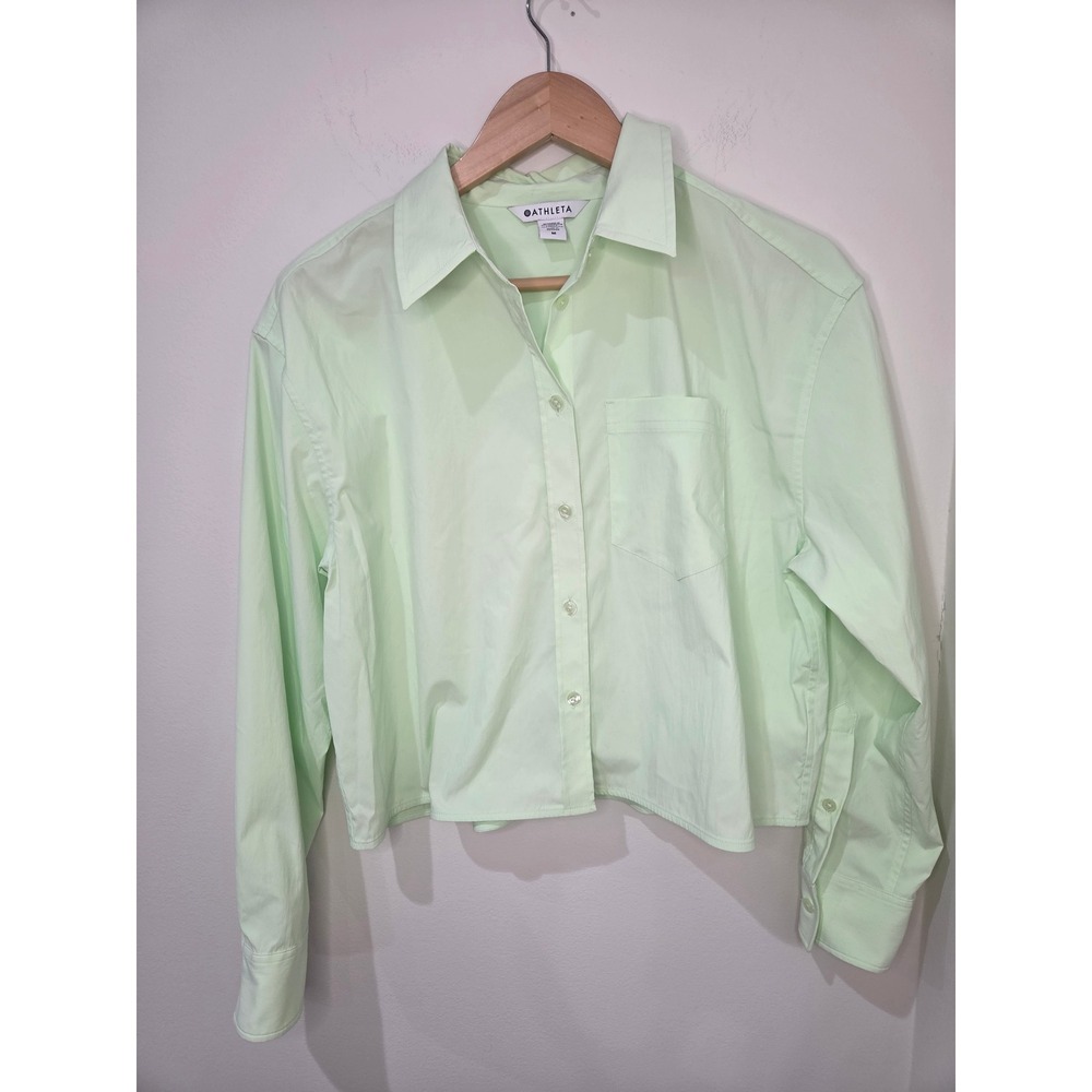 Athleta Mint Green Cropped Poplin Button Down Shirt Long Sleeve Boxy Fit Medium